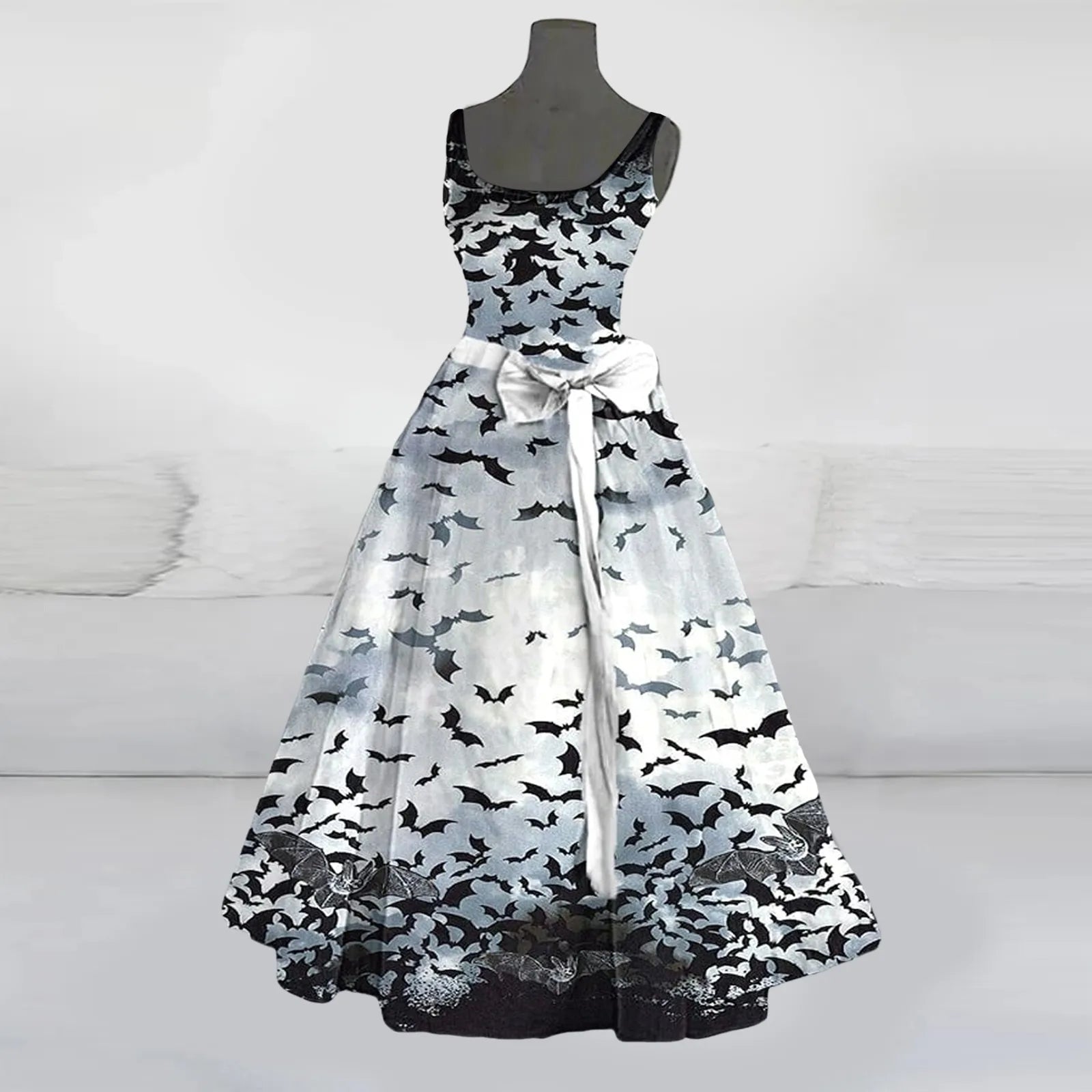 Funny Printed Sleeveless SlimFit Belted Halloween O Neck Streetwear Party Female Long Lady Skull Dress