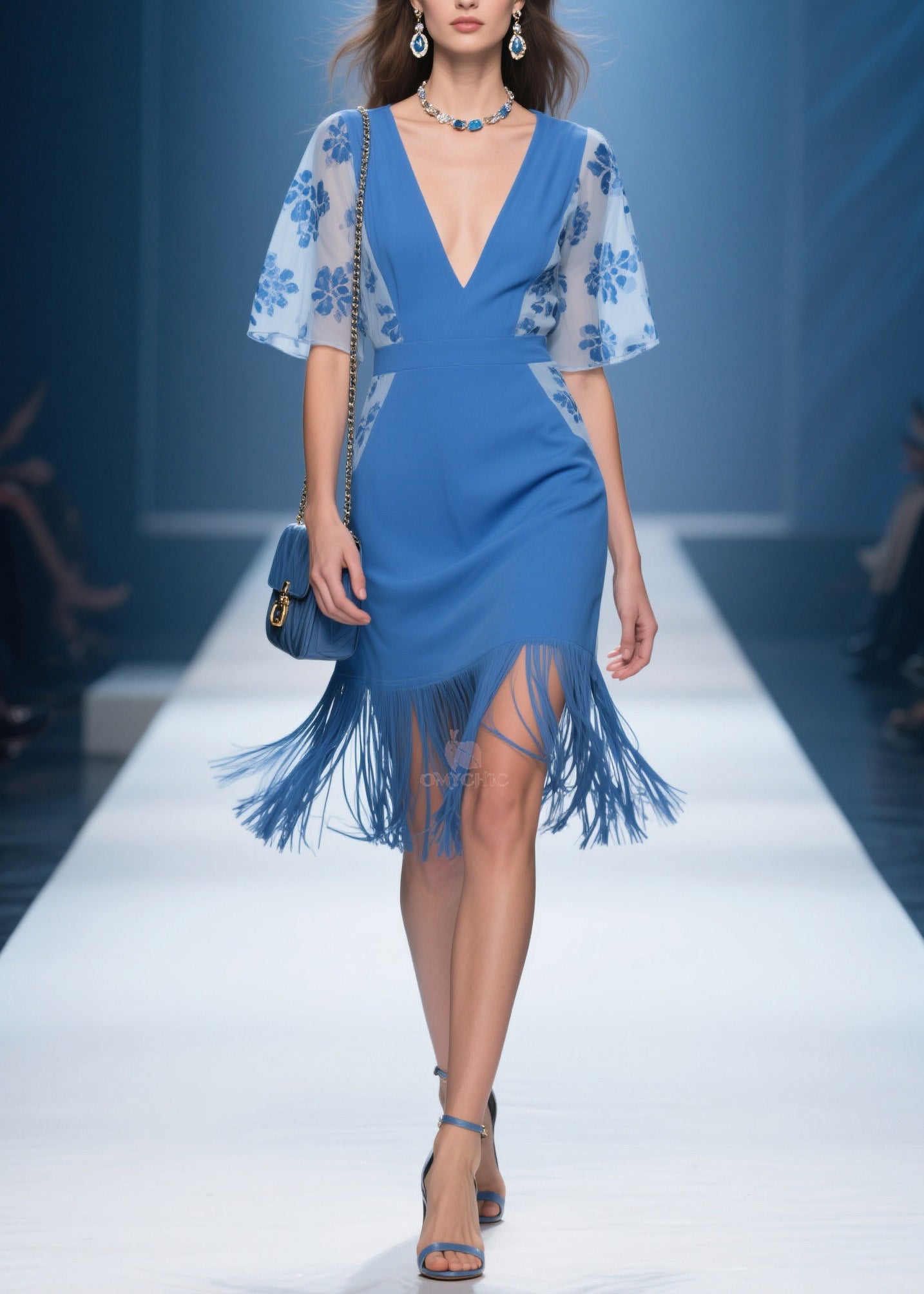 Handmade Blue V Neck Print Tassel Patchwork Cotton Dresses Summer
