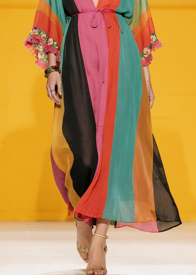 Handmade Colorblock Ruffled Striped Silk Cotton Holiday Dress Summer
