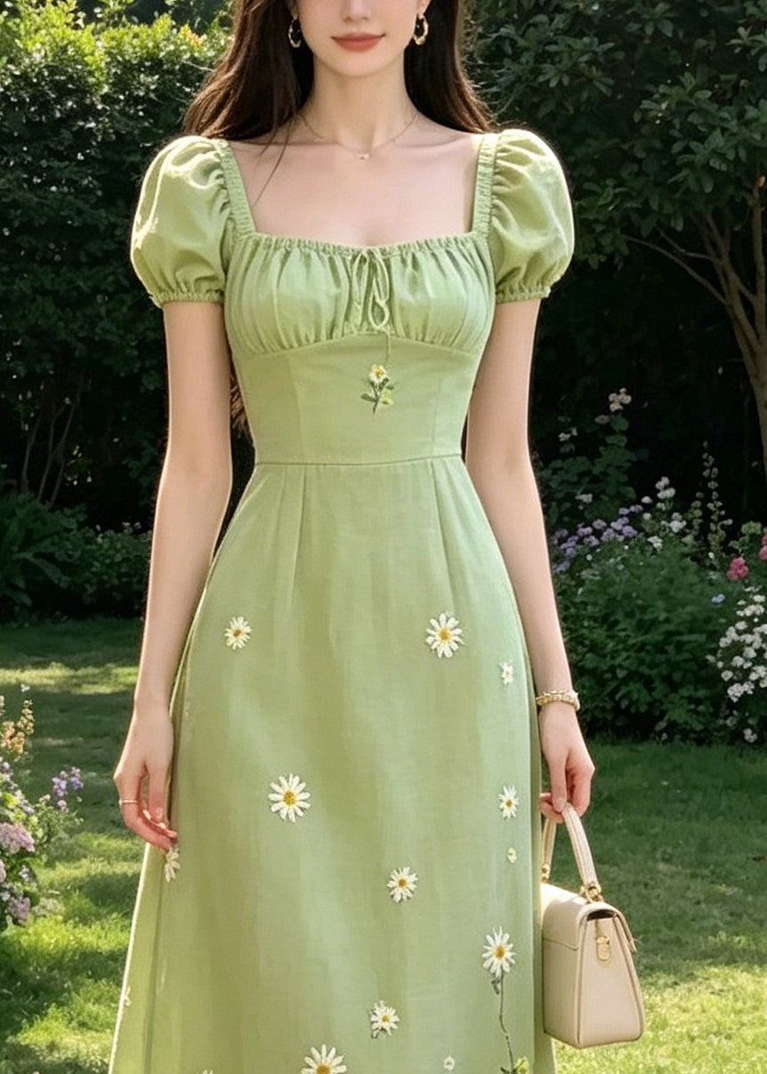 Handmade Green Square Collar Tie Lace Embroidered Floral Long Dresses Puff Sleeve
