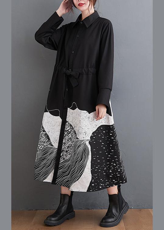 Handmade Lapel Tie Waist Clothes Work Outfits Black Abstract pattern Maxi Dresses