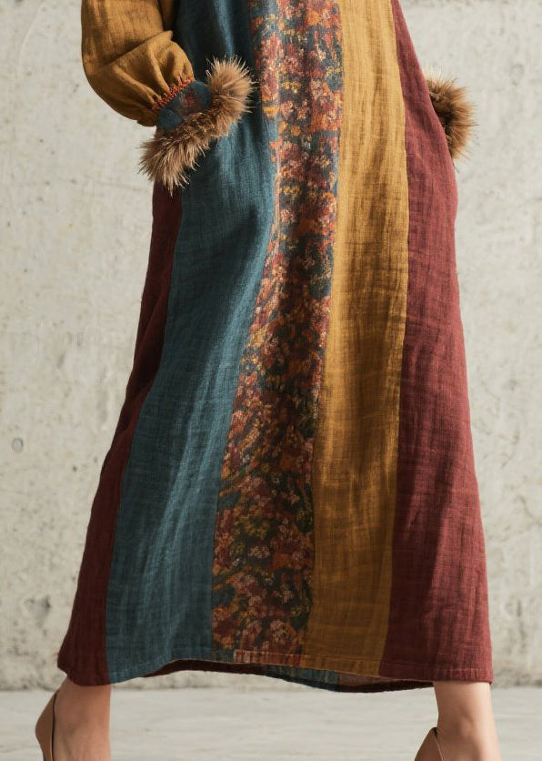 Handmade Mixed Color Oversized Patchwork Faux Fur Holiday Dress Fall