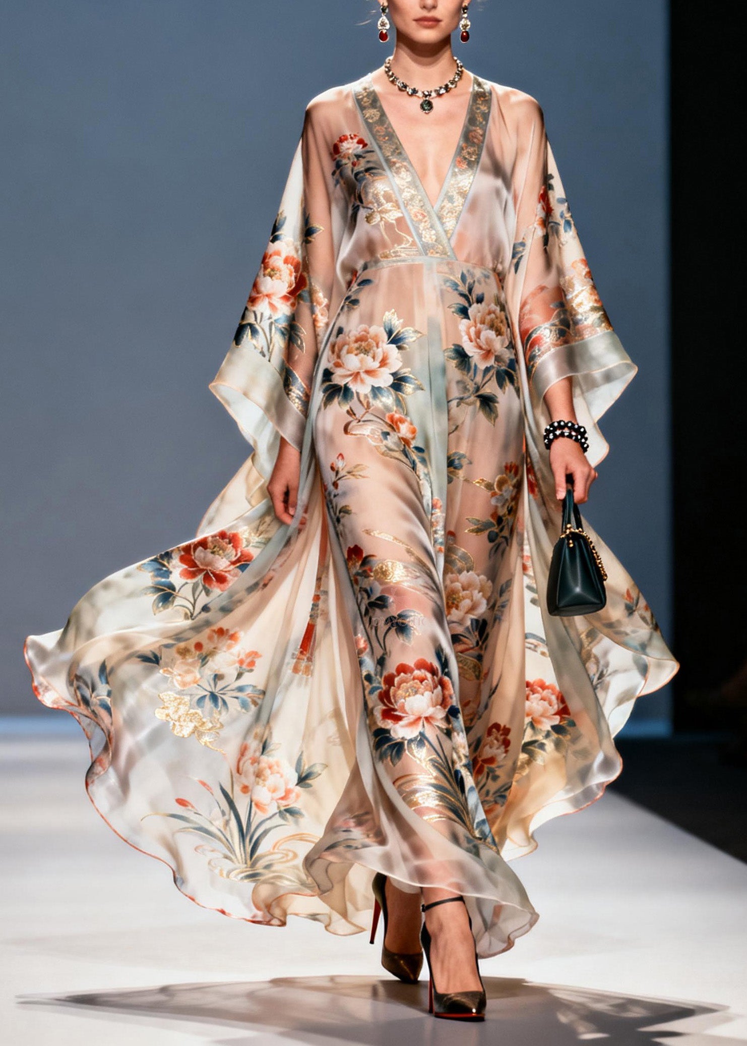 Handmade V Neck Print Chiffon Vacation Dresses Summer
