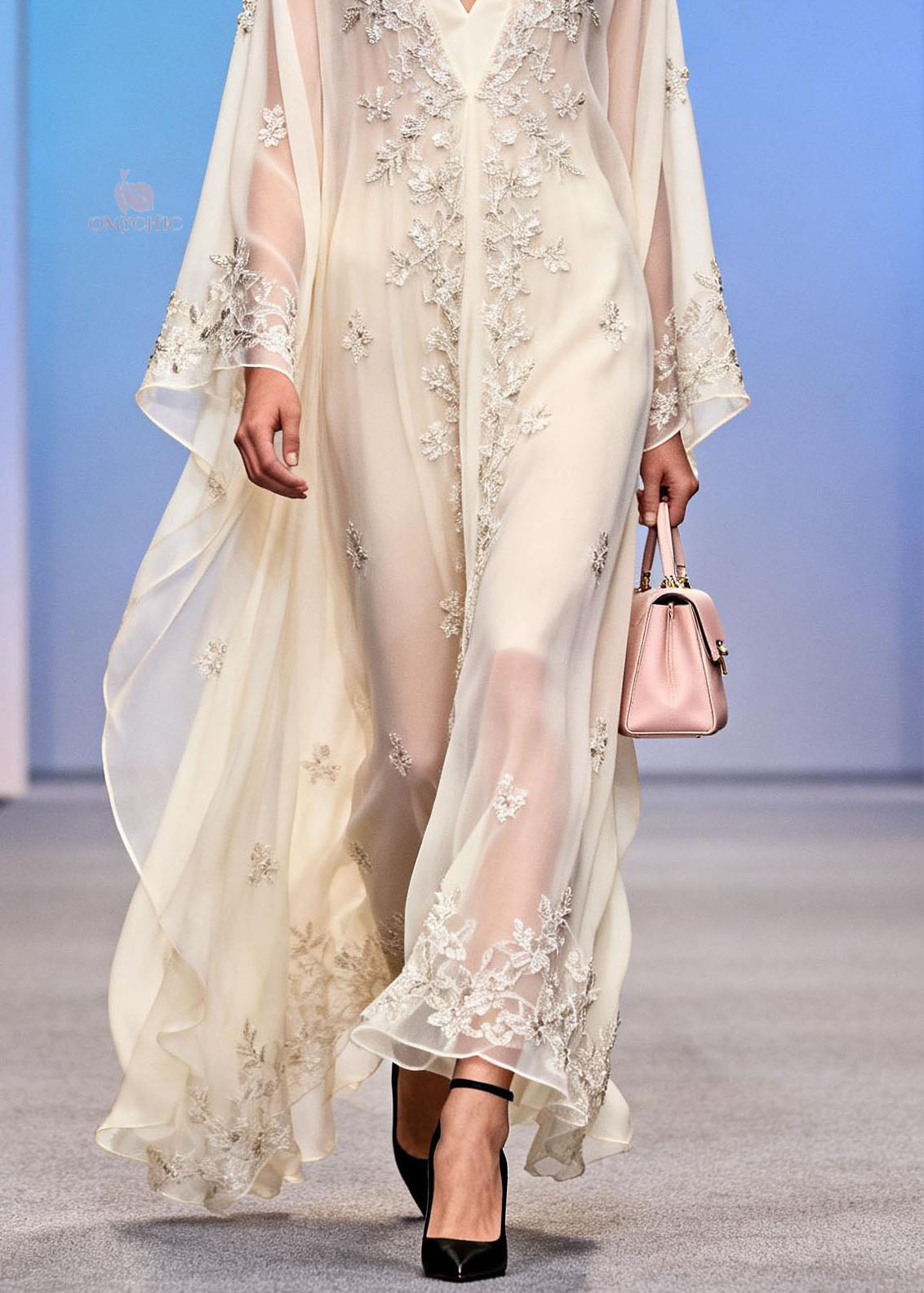 Handmade White Sequins Embroidered Chiffon Dress Spring