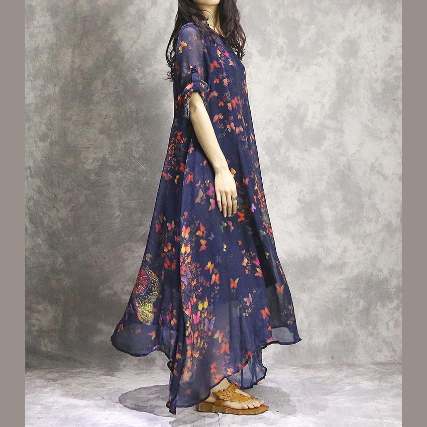 Handmade short sleeve silk Tunics Casual pattern blue prints Robe Dress summer