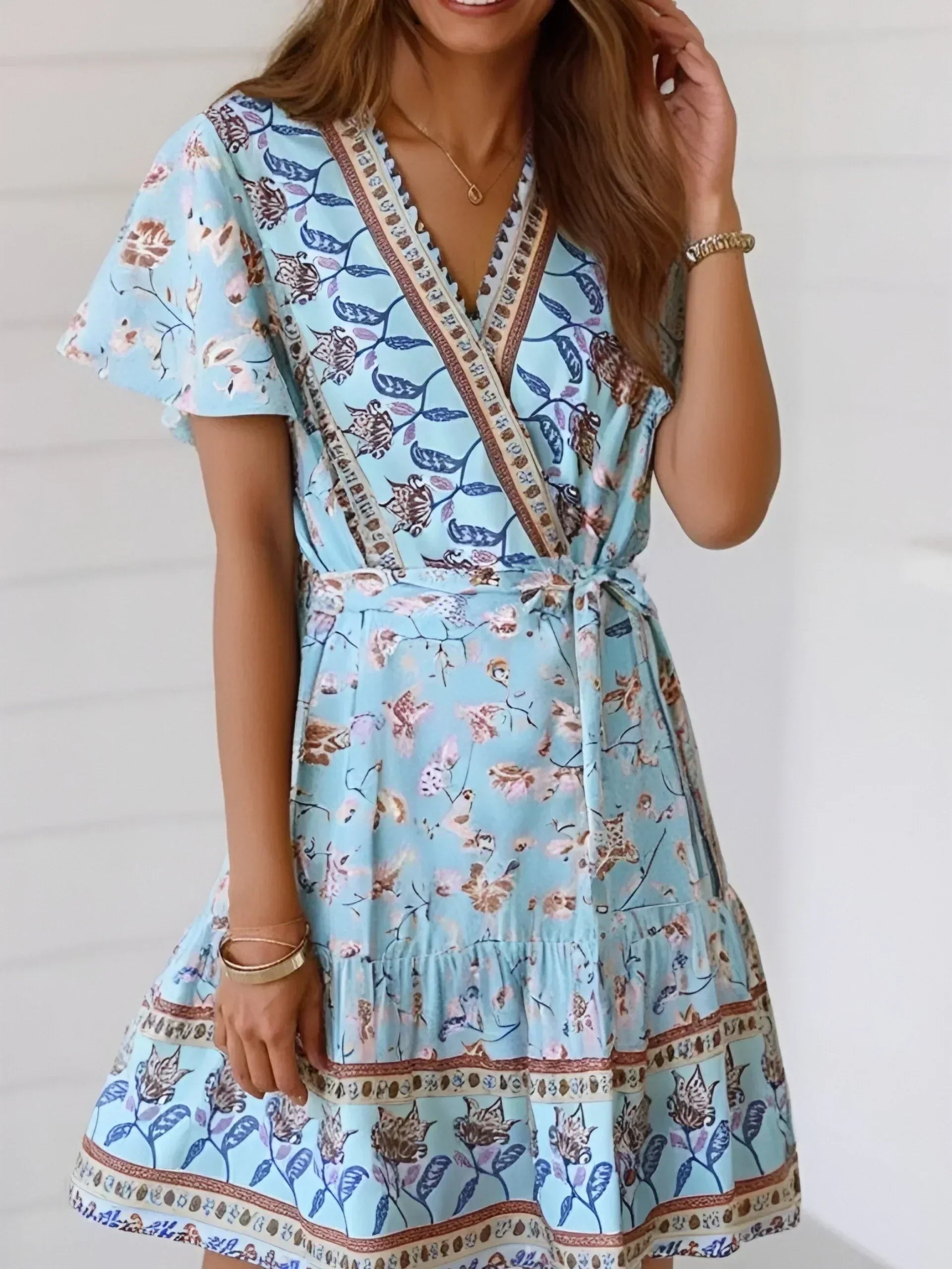 Vintage Floral Print Short Sleeve V-neck Sexy Mini Boho Dress green / S bohodress-250126