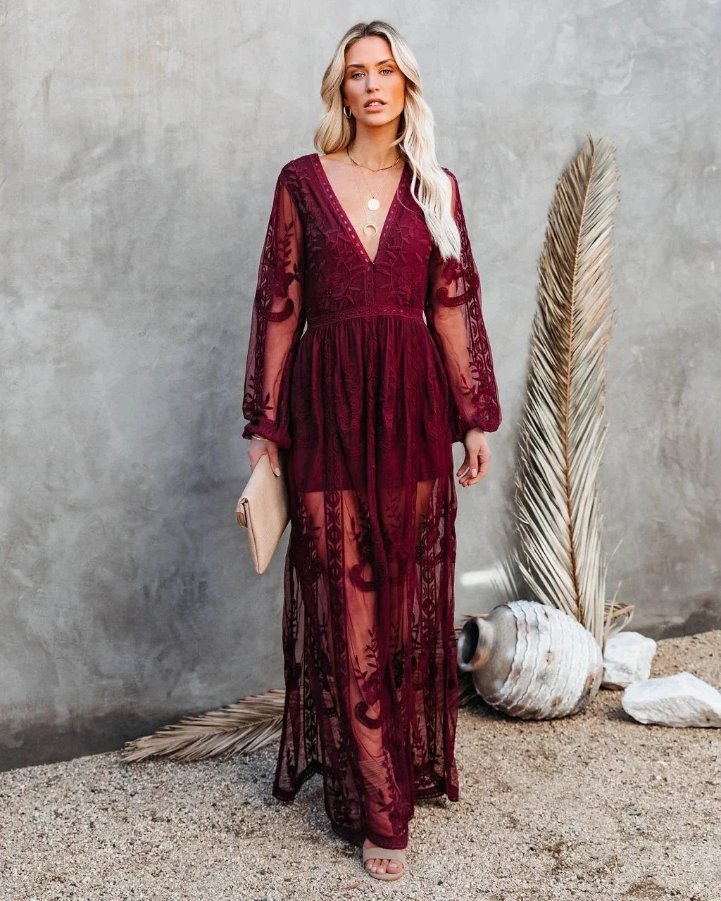 V-neck Long Sleeve Ruffles Hollow Out Maxi Boho Dress