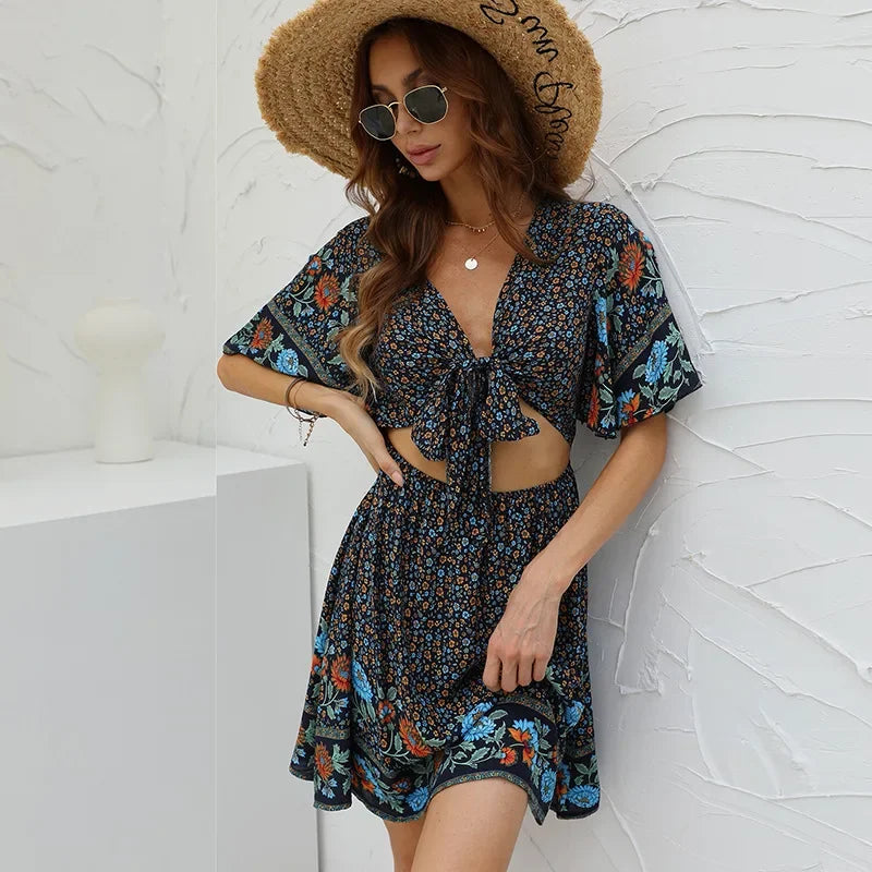 Floral Print Rayon Cotton Deep V-neck Hollow Out Mini Boho Dress NAVY / M bohodress-250126