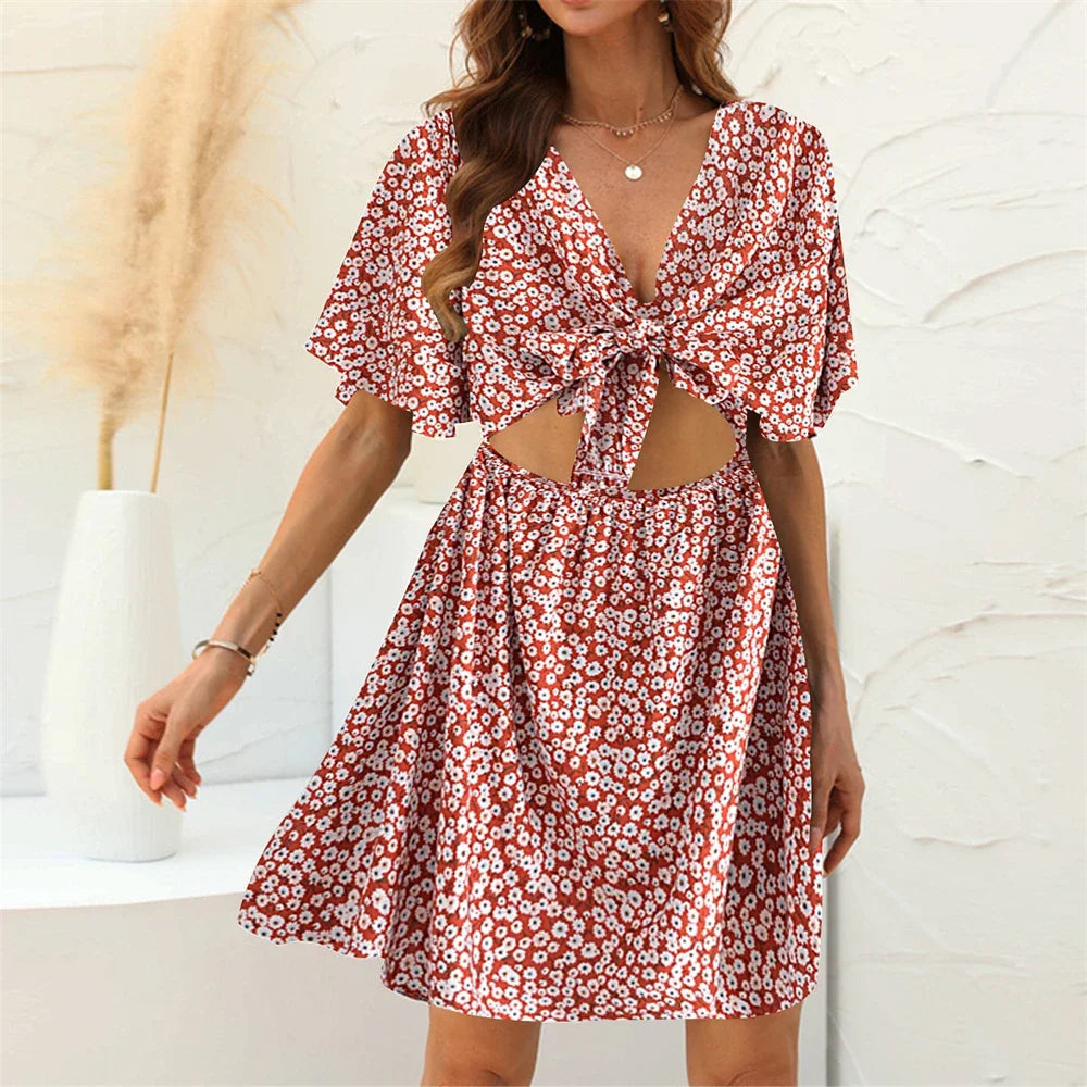 Floral Print Rayon Deep Bow Neck Short Sleeve Sexy Hollow Out Mini Boho Dress Red / M bohodress-250126