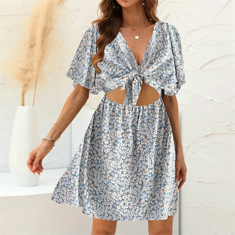 Floral Print Rayon Deep Bow Neck Short Sleeve Sexy Hollow Out Mini Boho Dress light Blue / M bohodress-250126