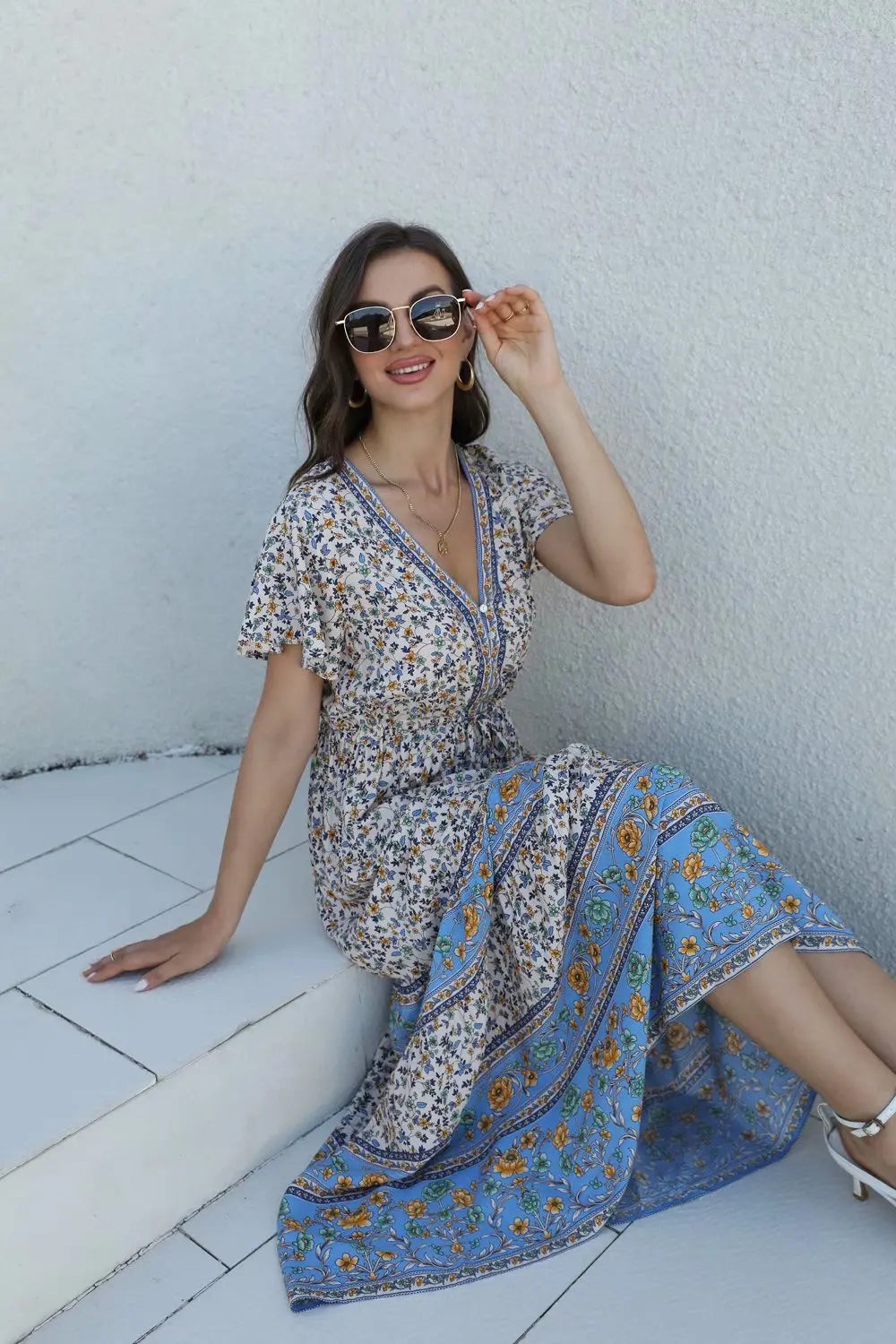 Floral Print Short Sleeve Button Loose Tassel V-neck Maxi Boho Dress