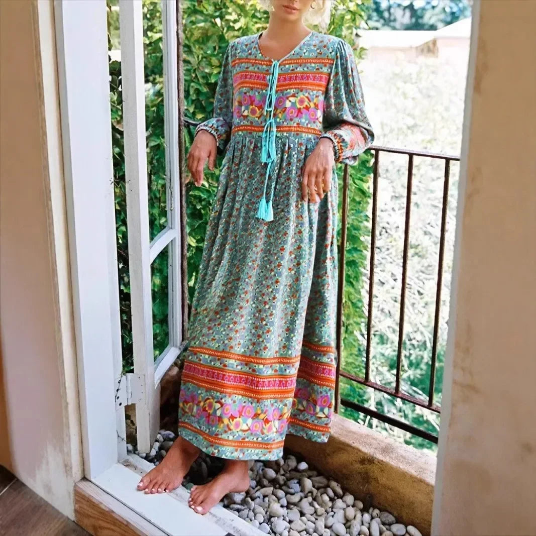 Green Floral Print Tie Neck Rayon Cotton Long Sleeve Ethnic Maxi Boho Dress Green / S bohodress-250126