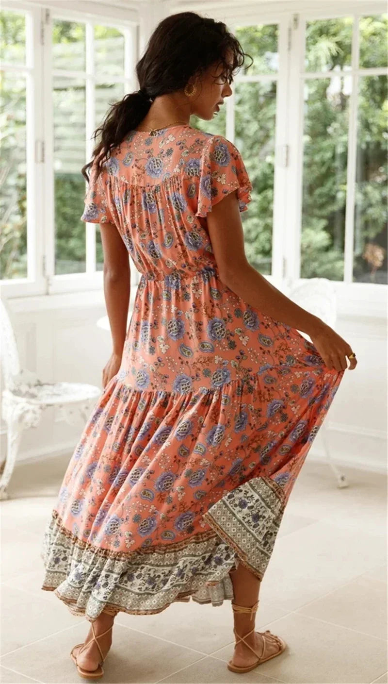 Sexy High Split Flare Sleeve Rayon Cotton Boho Dress