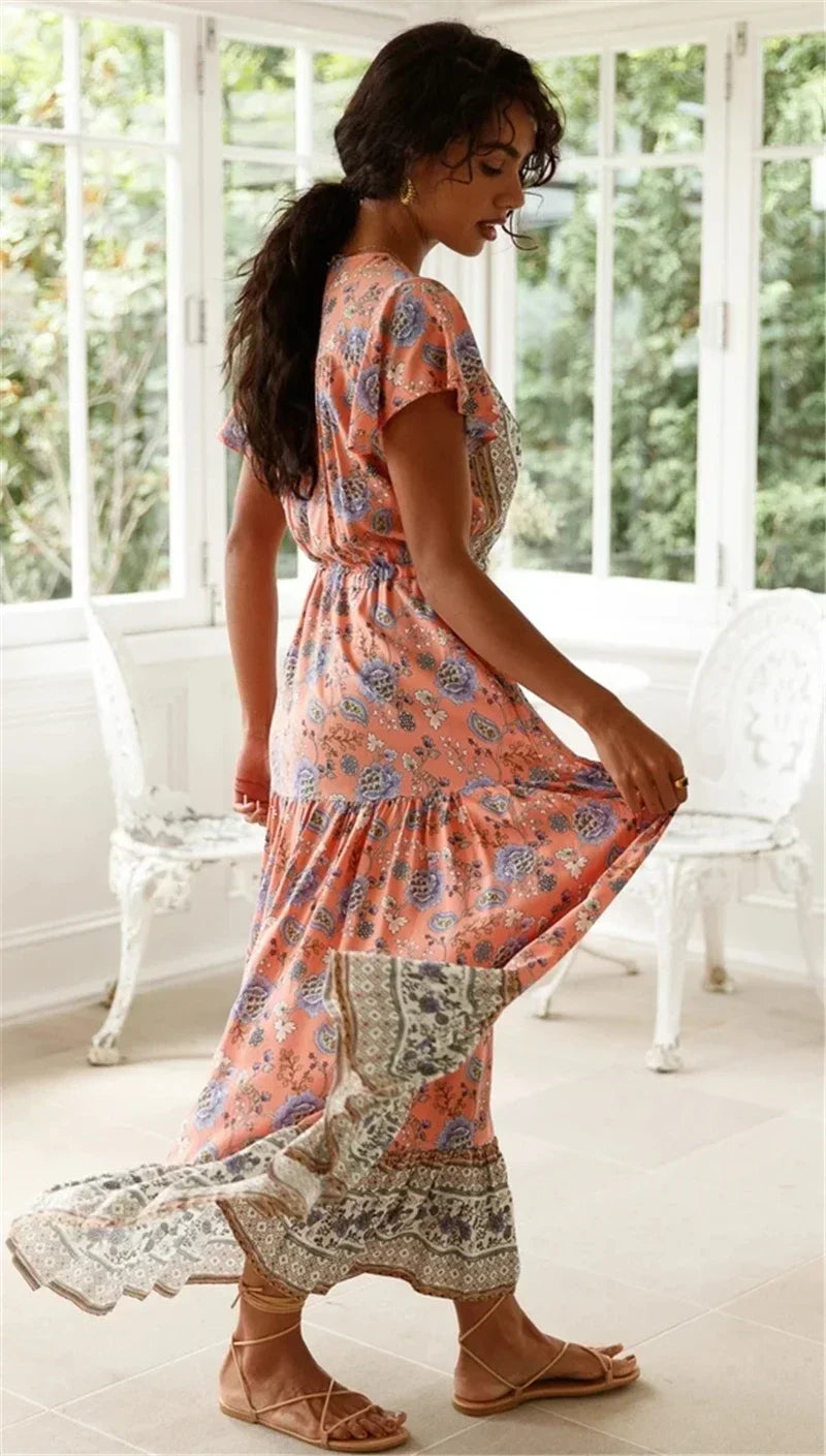 Sexy High Split Flare Sleeve Rayon Cotton Boho Dress