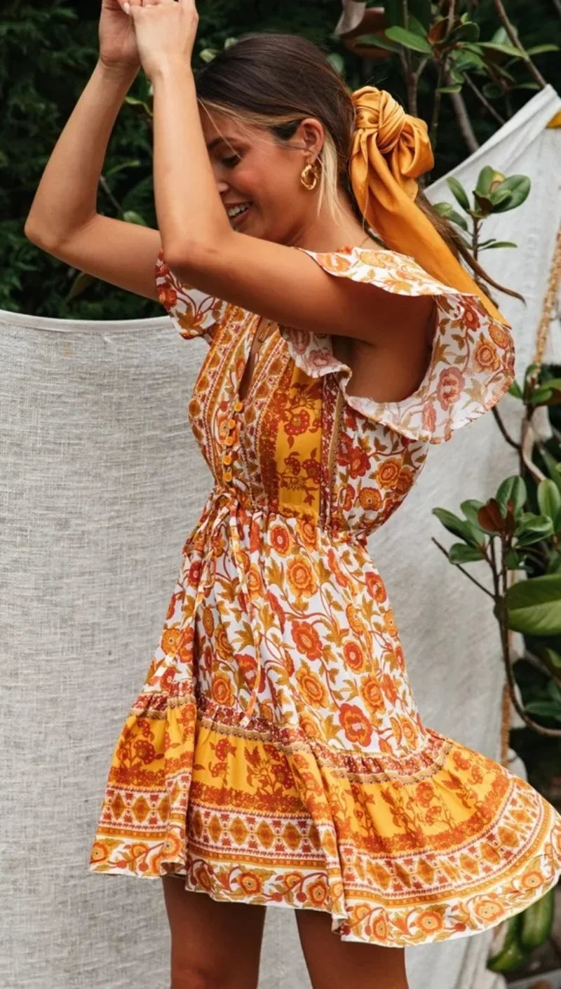 Yellow Floral Lace-up Rayon Boho Dress