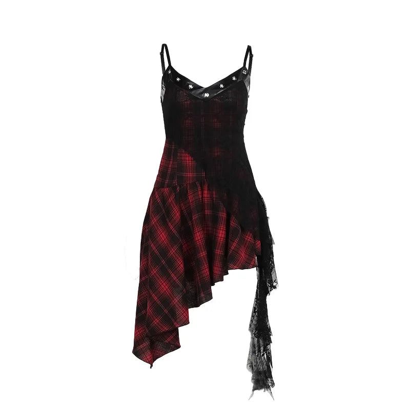 Harajuku Gothic Plaid Y2K 2000s Lace Patchwork Spaghetti Strap Streetwear V-Neck Gothic Dress