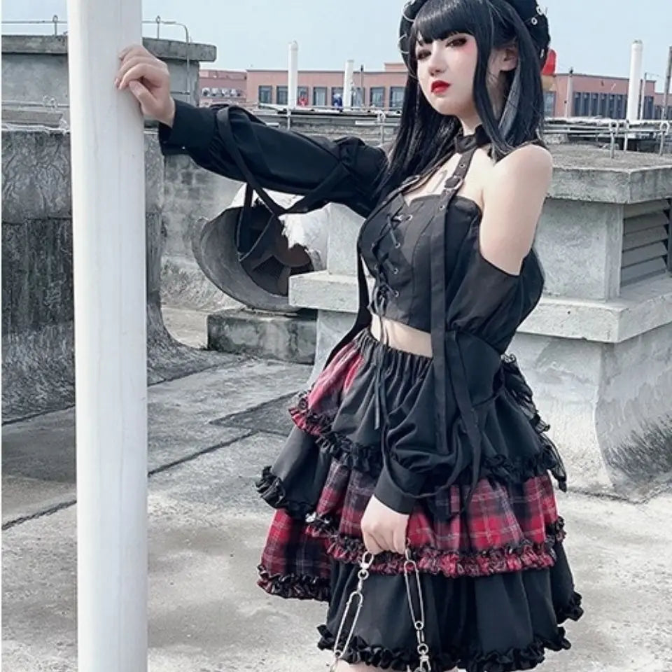 Harajuku Twodimensional Dark Petticoat Cosplay Red Plaid Stitching High Waist Aline Spice Girl Rock Skirt