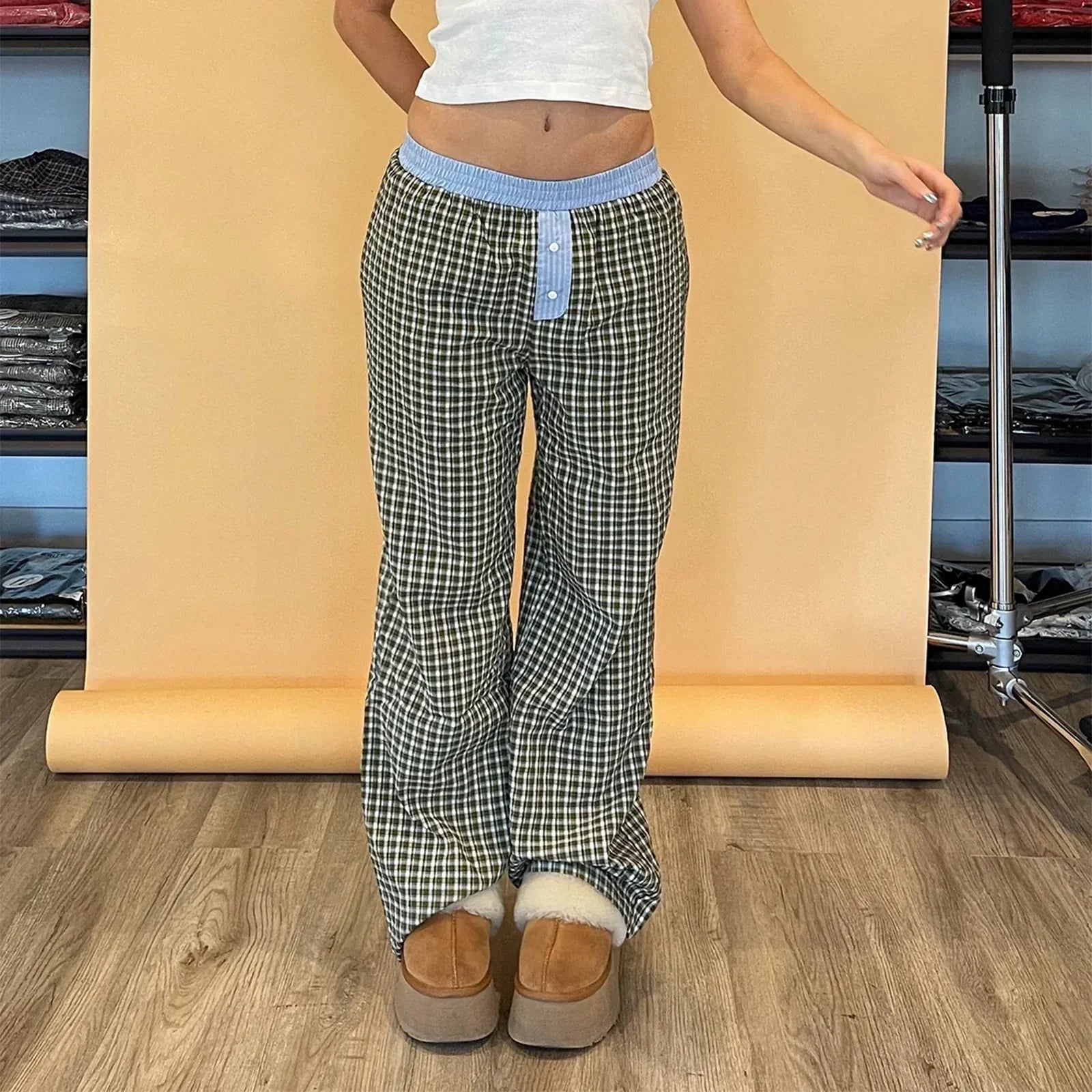 Plaid Sleep Lounge Bottoms Elastic Waist Pant