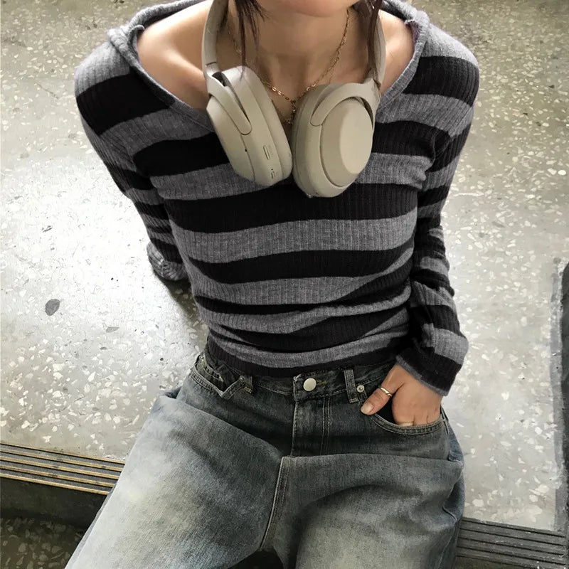 Harajuku Stripe Hooded Slim Contrast Color Long Sleeve Knit Top