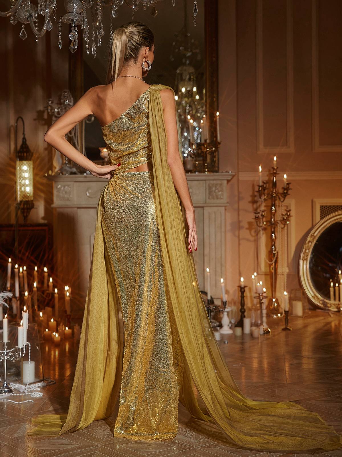 One Shoulder Cutout Sequin Maxi Dress