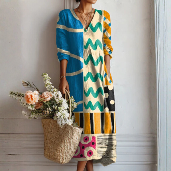 Multicolor Split Neck Abstract Geometric Print Long Sleeve Shift Midi Dress