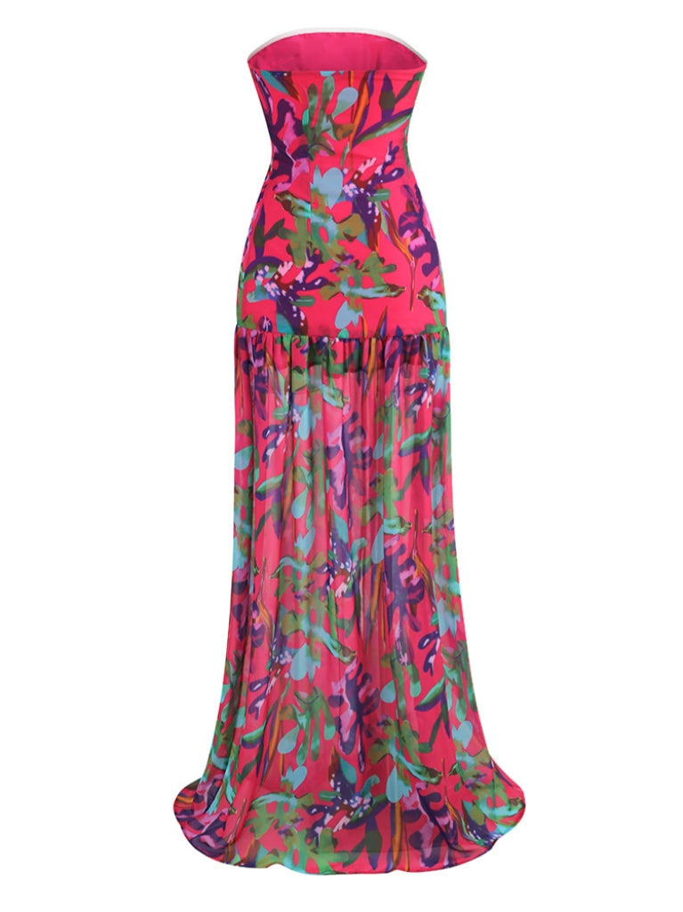 Strapless Floral Printed Maxi Dress In Purple