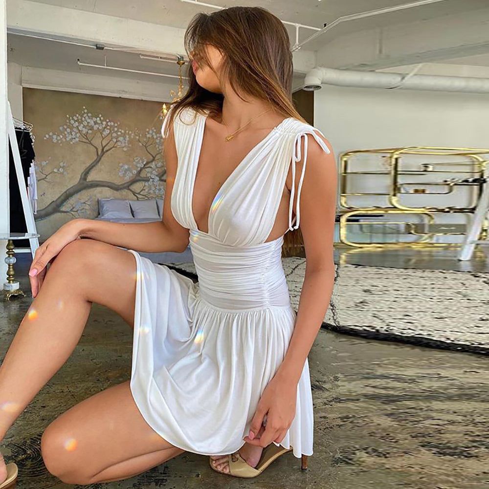 White Plunge V-Neck Ruched Chain Belt Flared Mini Dress 6