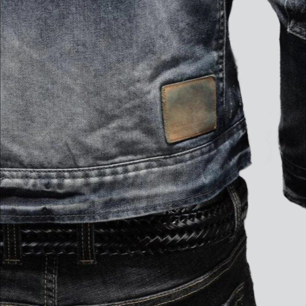 Blue Stand Collar Zip Front Washed Biker Denim Jacket
