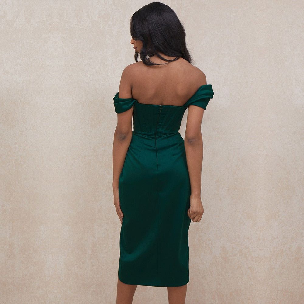 Off-Shoulder Puff Sleeve Corset Satin Ruched High Slit Maxi Dress