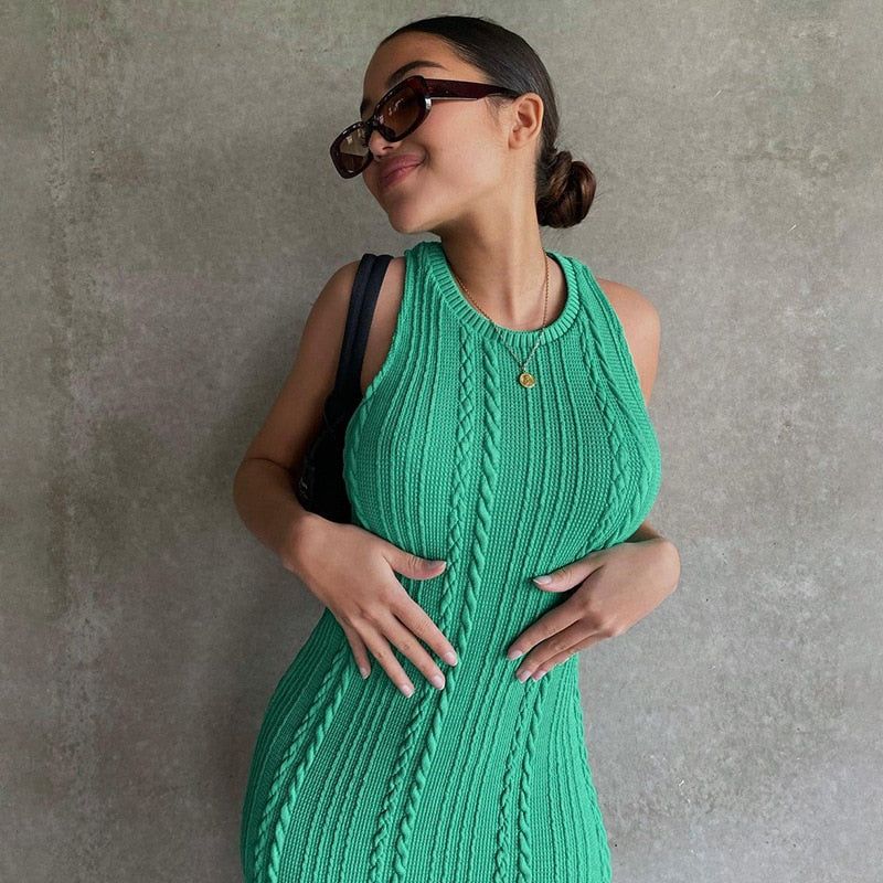 Green Round Neck Sleeveless Cable Knit Ribbed Bodycon Midi Dress 4