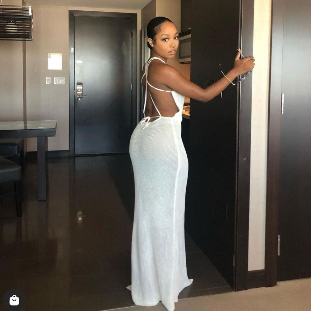 White V-Neck Sheer Crochet Knit High Slit Maxi Dress