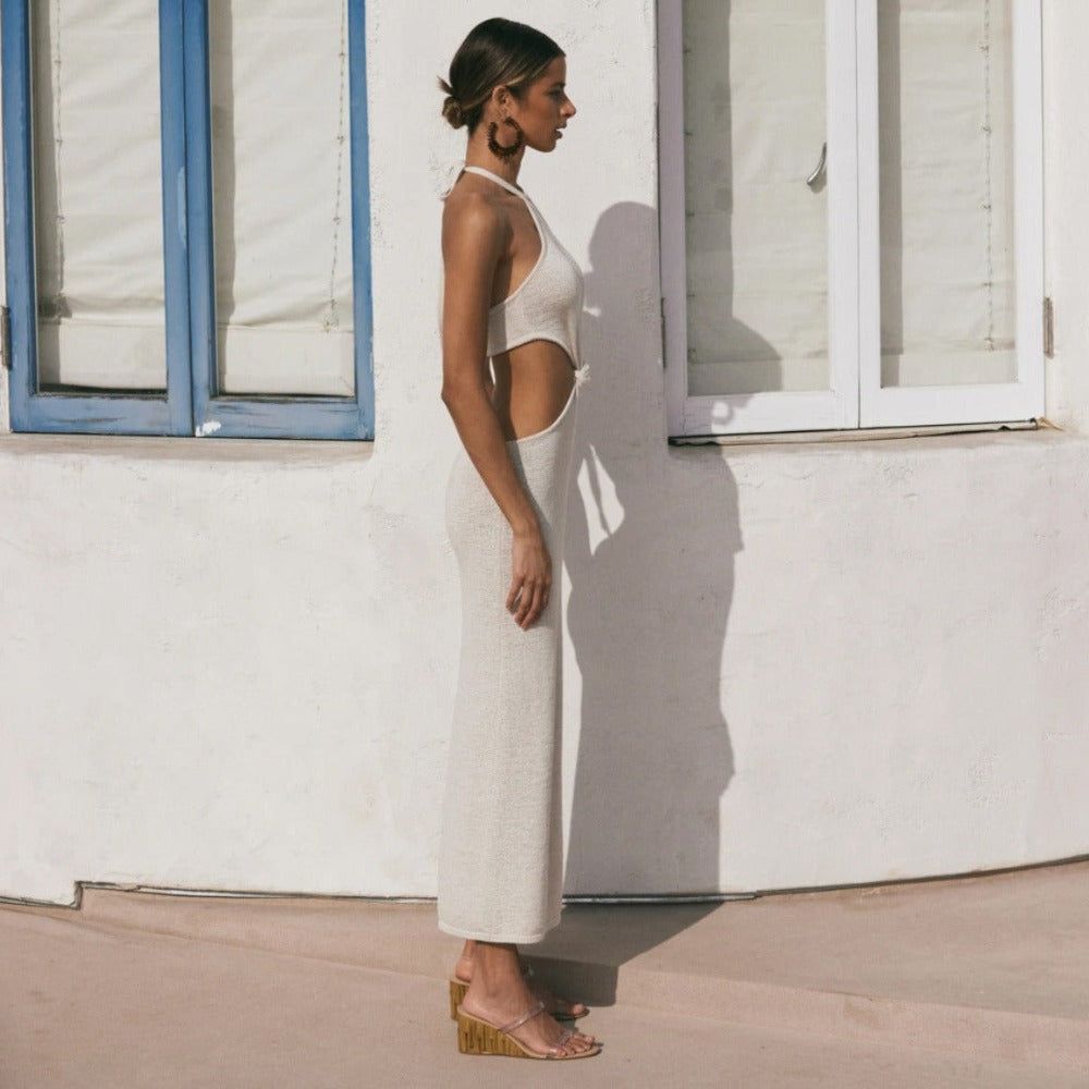 Halter Neck Twist Cutout Backless Knit Bodycon Maxi Dress