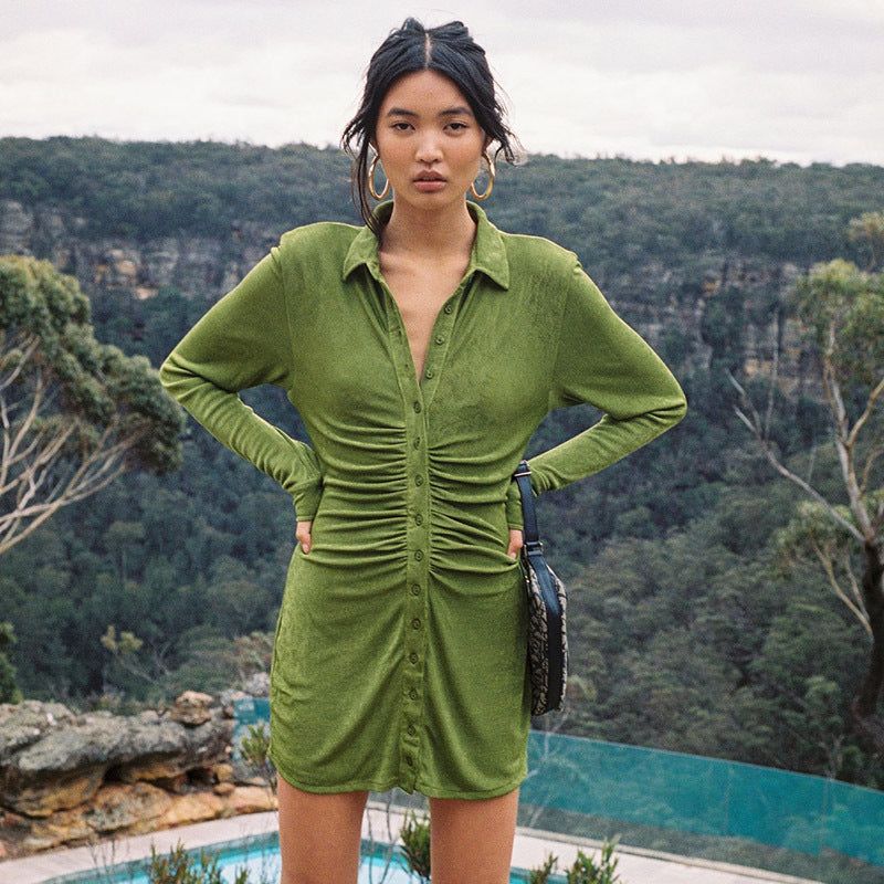 Collared Long Sleeve Button Front Ruched Bodycon Mini Dress 7