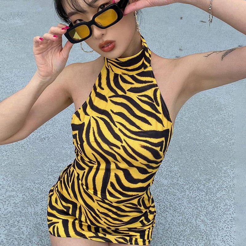 Animal Print High Neck Halter Zebra Print Sleeveless Bodycon Mini Dress