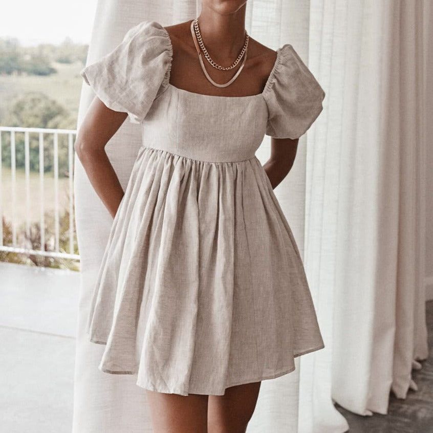 Khaki Square Neck Puff Sleeve Linen Babydoll Mini Dress