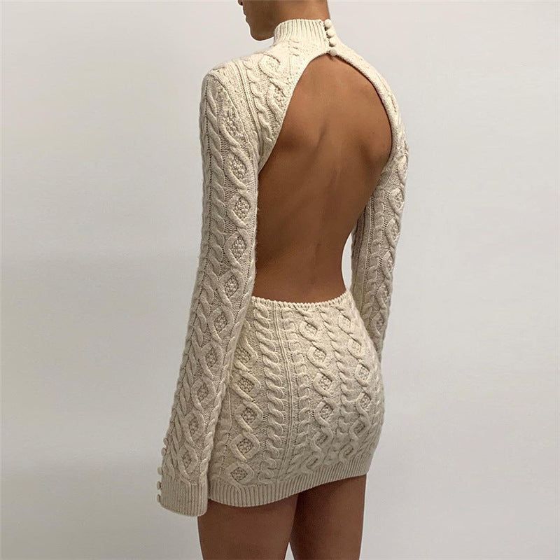 Beige Long Sleeve Cable Knit Backless Bodycon Mini Dress 9