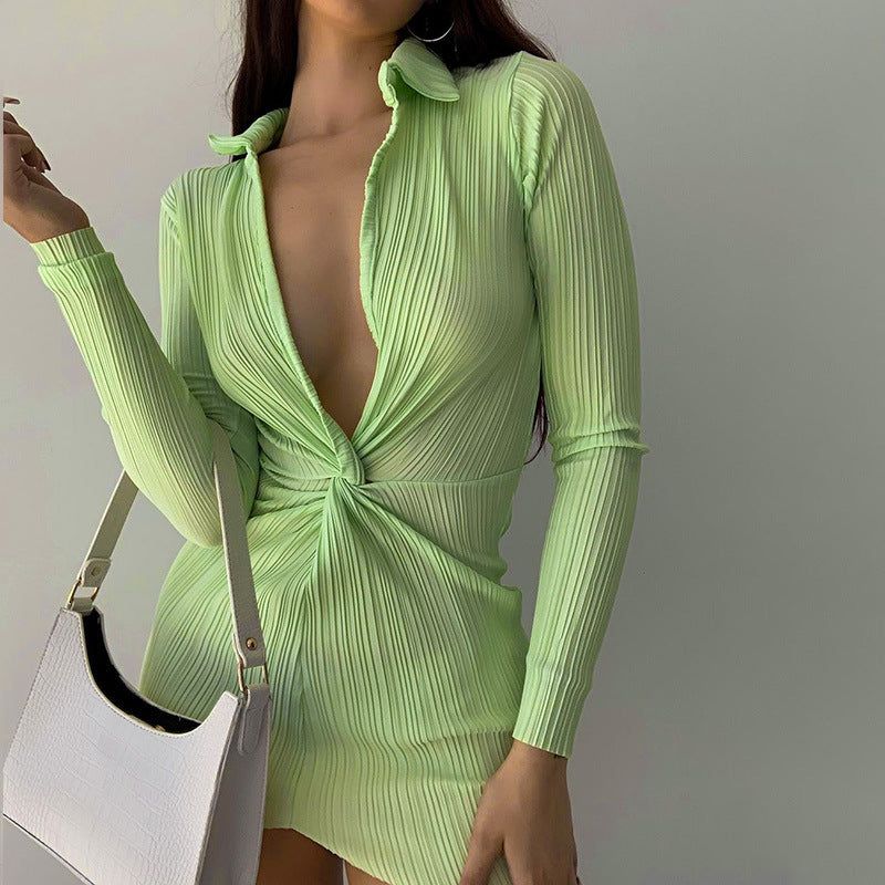 Collared Plunge Neck Twist Front Long Sleeve Ribbed Bodycon Mini Dress