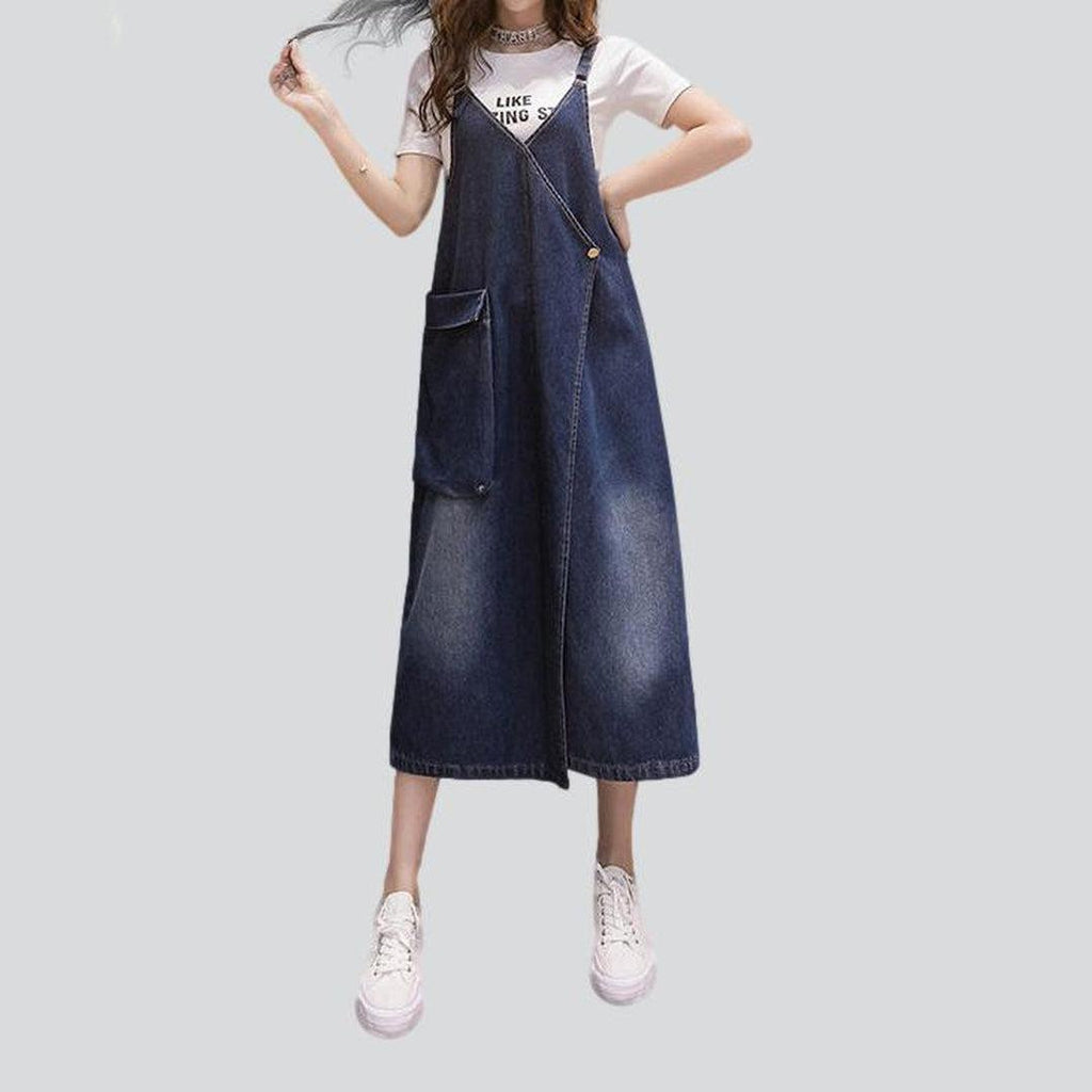 Dark Blue Strap Asymmetric Pocket Denim Pinafore Midi Dress 3