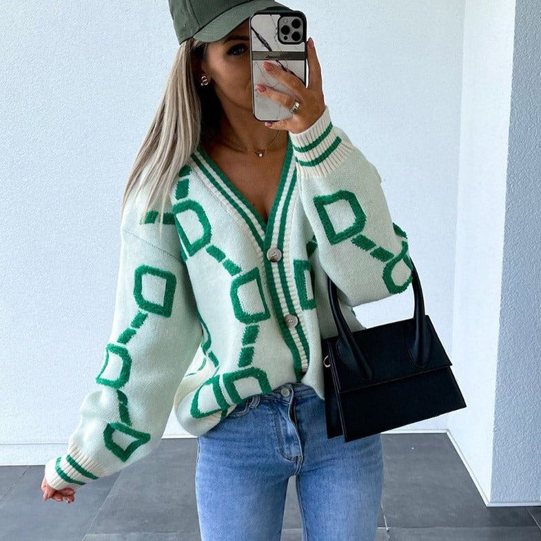 V-Neck Button Front Geometric Pattern Knit Cardigan