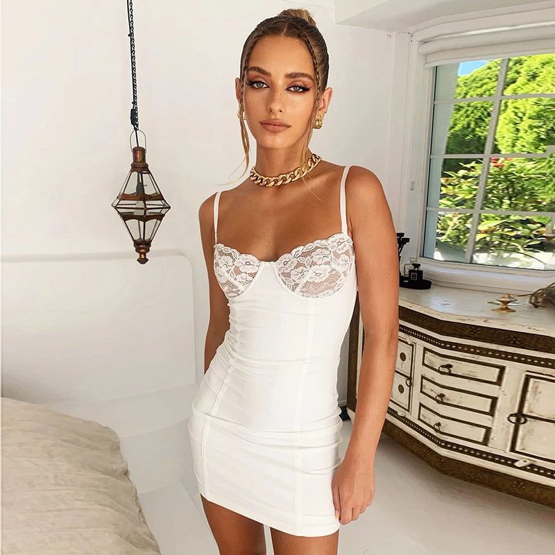Spaghetti Strap Lace Cup Bustier Ribbed Bodycon Mini Dress