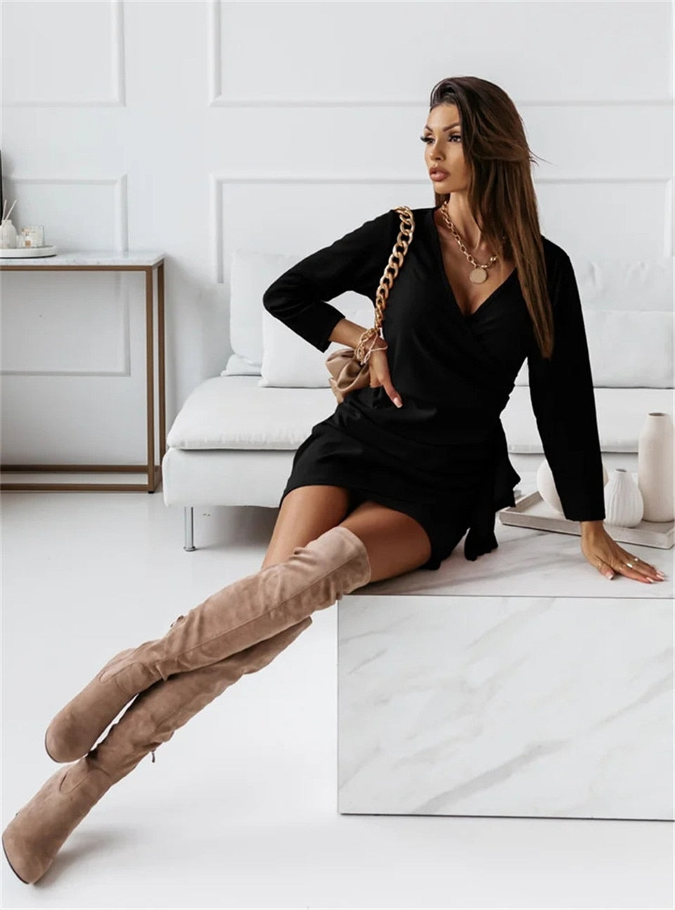 Solid Color Dresses VNeck Long Sleeve Slim Mini Dress
