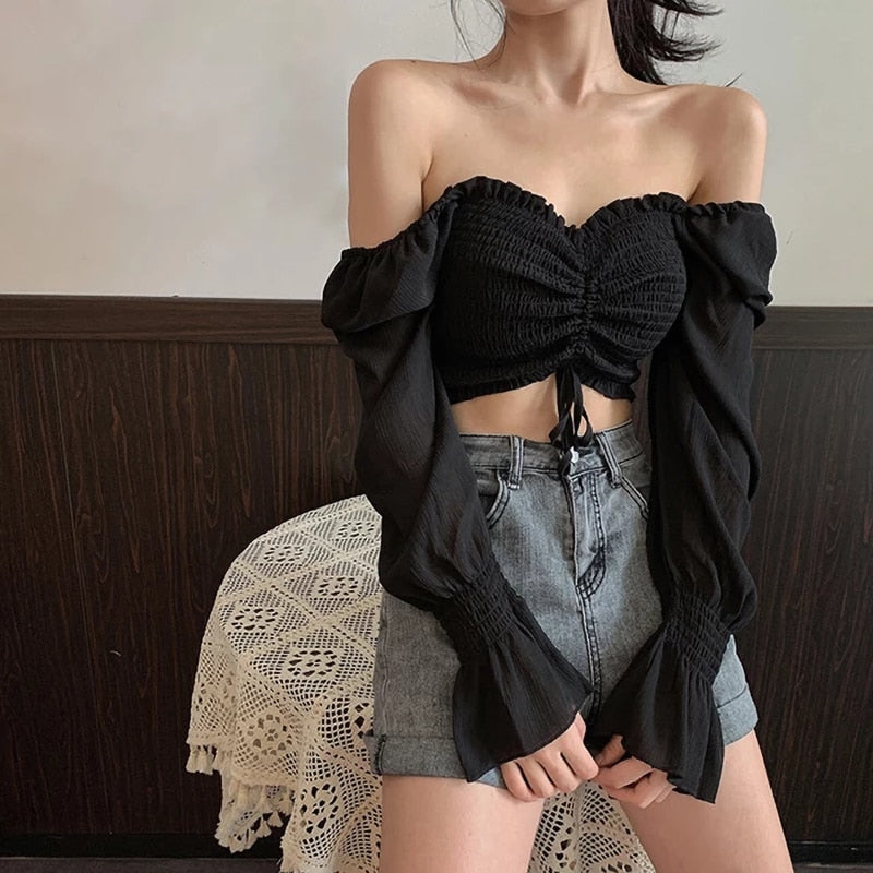 Elegant Fashion Puff Arm Chiffon Crop Women’s - Blouse Top Black / One Size