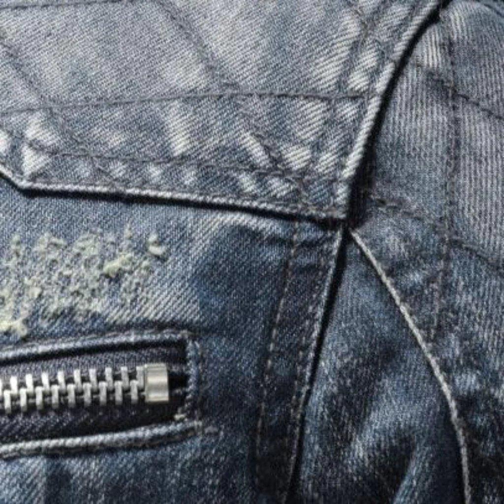 Blue Stand Collar Zip Front Washed Biker Denim Jacket