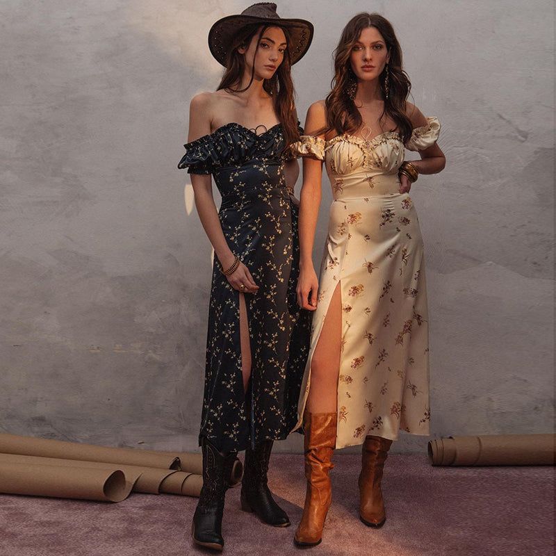 Off-Shoulder Puff Sleeve Floral Ruched Side Slit Midi Dress