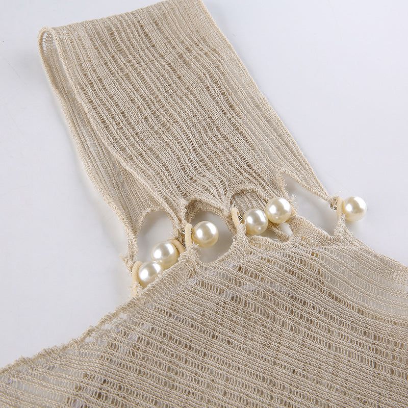 Khaki One Shoulder Pearl Trim Ribbed Knit Wavy Seam Bodycon Maxi Dress