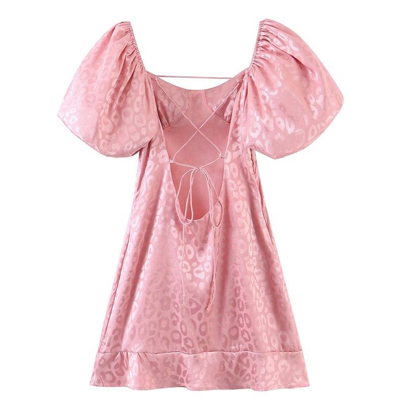 Pink Puff Sleeve Lace-Up Open Back Textured Jacquard Mini Dress