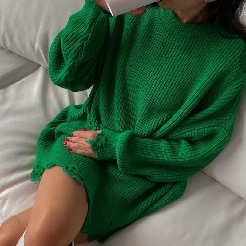 Crew Neck Distressed Hem Ribbed Knit Sweater Dress 4