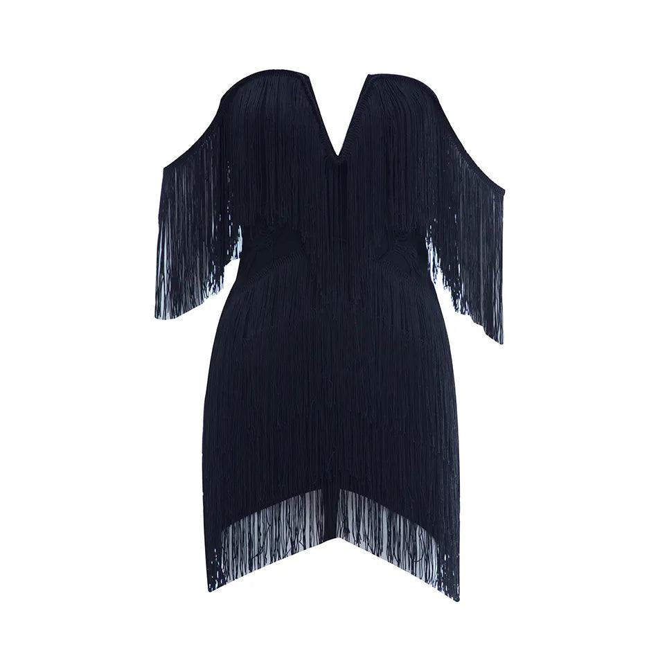 V-Neck Tiered Fringe Tassel Bodycon Mini Dress