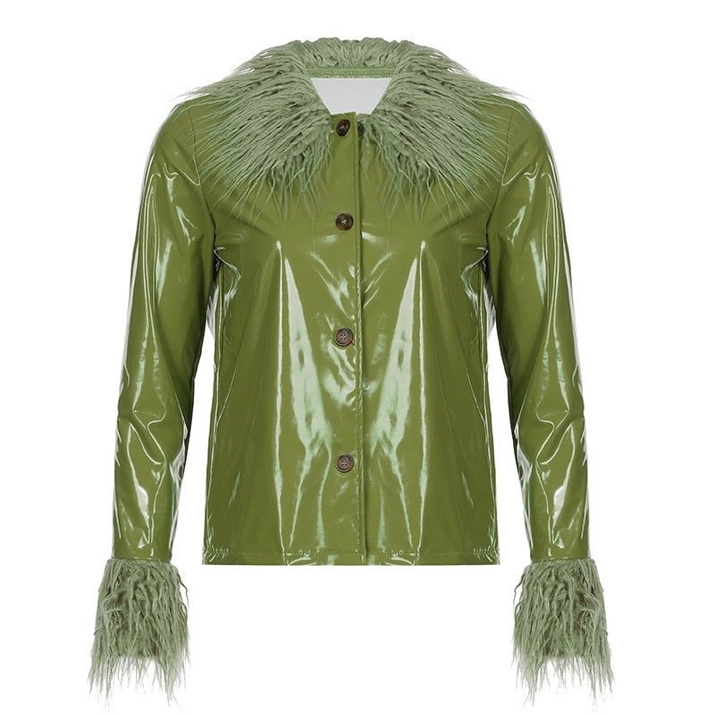 Faux Fur Collar Cuff Button Front Faux Leather Jacket