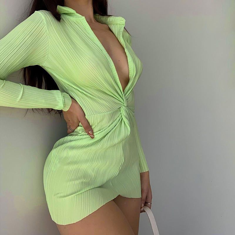 Collared Deep V Ribbed Twist Front Long Sleeve Bodycon Mini Dress